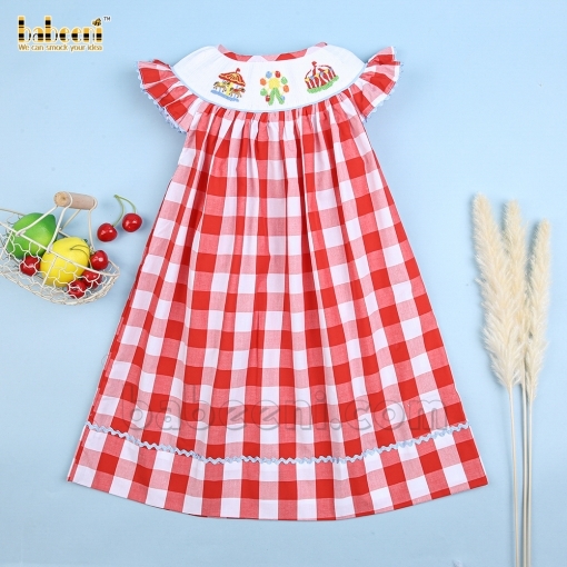 Smocked amusement park red large check baby dress - BB2076