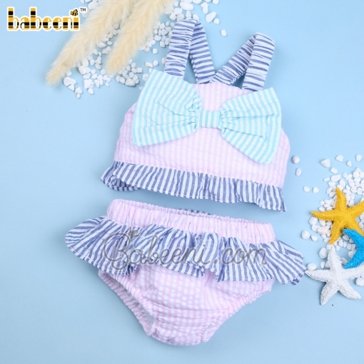 Pale pink stripe two pieces swimsuit for little girl- BB2480