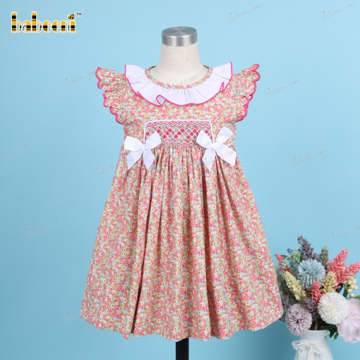Geometric Smocked Dress In Red Floral White Neck For Girl - BB3219