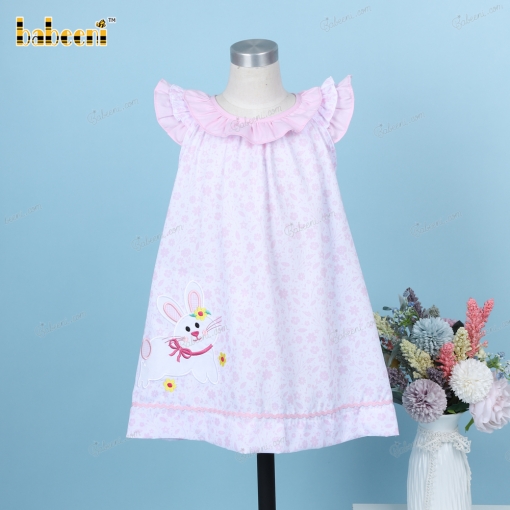 Machine Embroidery Bunny Dress In Pink For Girl - BB3246