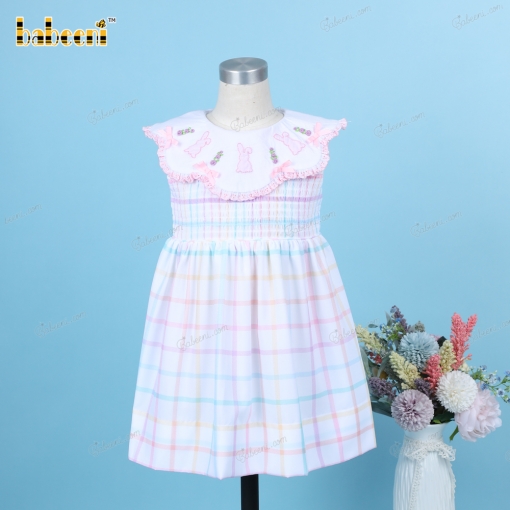 Shirred Dress Hand Embroidery Bunny Pink For Girl - BB3248