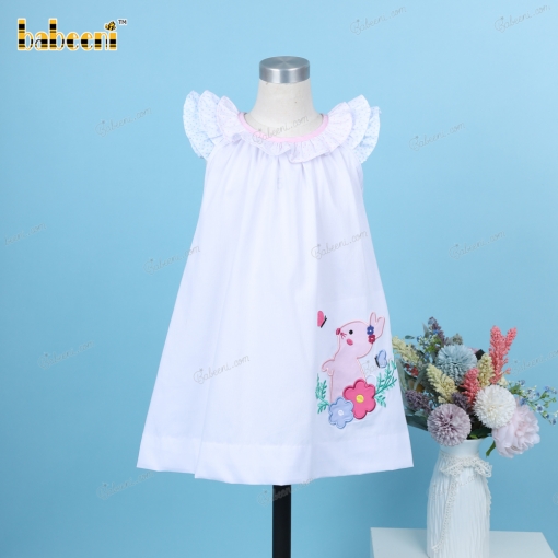 Applique Dress Bunny Pink Accent Neck For Girl - BB3249