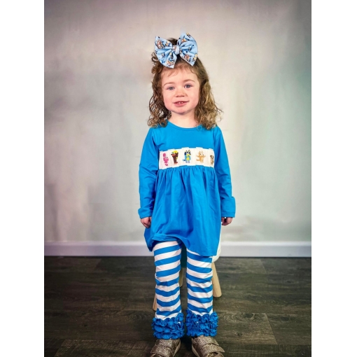 2 Piece Smocked Set Animal In Blue For Girl