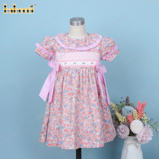 Geometric Dress Pink Accent 2 Bows Purple Floral For Girl - BB3271