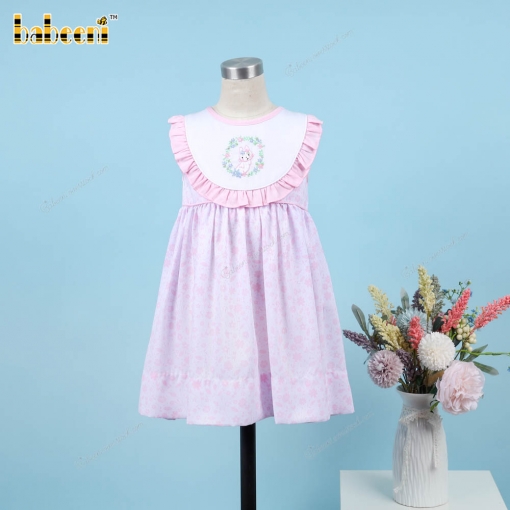 Hand Embroidery Pink Bunny Wreath Dress For Girl - BB3293