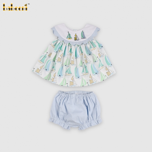 Girls' outfit set with sailboat print and blue bloomer pants.- BB3559