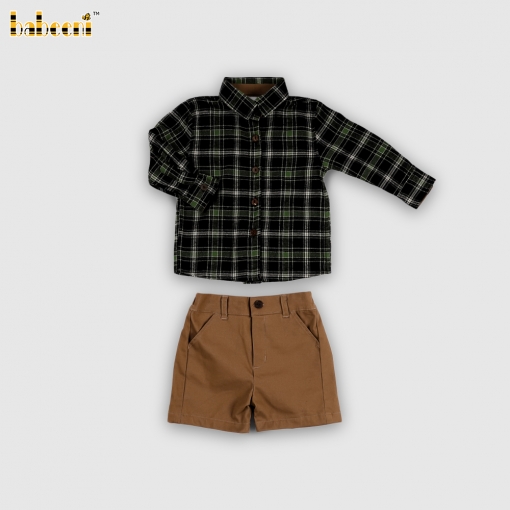 Boys' checkered flannel shirt in blue and black, and brown khaki shorts set.- BB3561