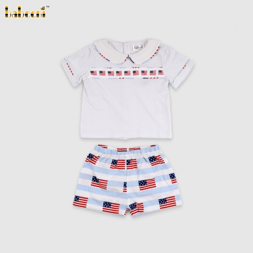 Set includes a crew neck t-shirt and shorts with an American flag print.- BB3578