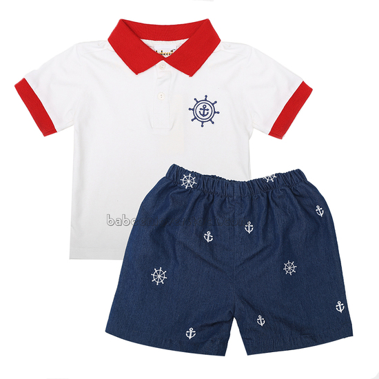 Ship wheel machine embroidery boy outfit - BB1513