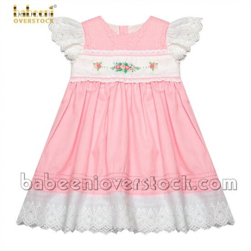 Baby pink pintuck girl dress flowers on chest - BB1856B