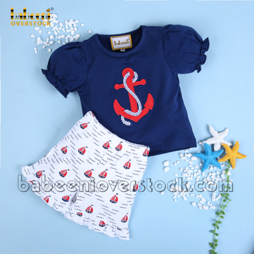 Short girl set red embroidered anchor - BB1832