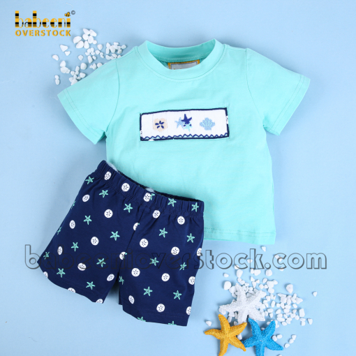 Smocked starfish navy mint boy set - BB1846
