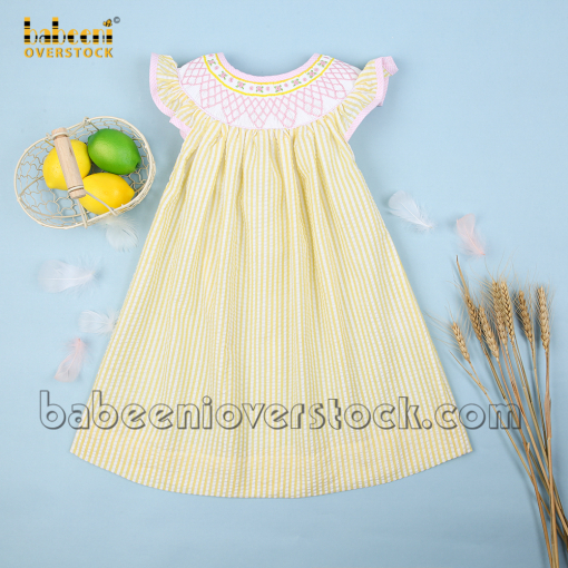 Geometric embroidery yellow stripe smocked dress - BB1665