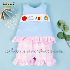 Alphabet girl smocked short set blue plain pink large check - BB2166 alphabet-girl-smocked-short-set-bb2166