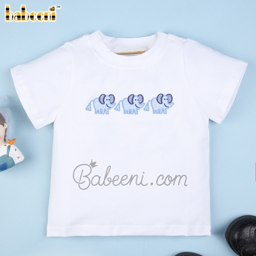 Cute embroidery blue elephants boy T-shirt - BB1902A