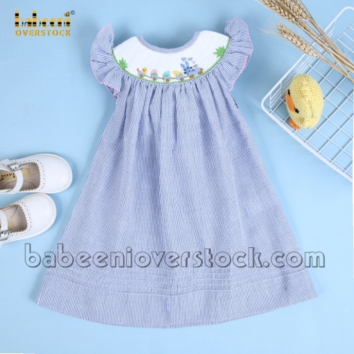 Easter train embroidery dark blue stripe girl dress - BB2627