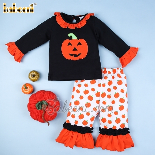 Appliqued pumpkin Halloween and pumkin printed girl set - BB812