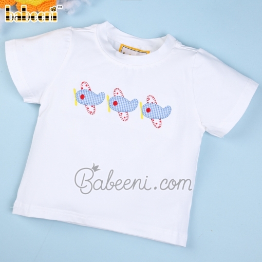 Cute appliqued airplane white boy T-shirt - BB1873