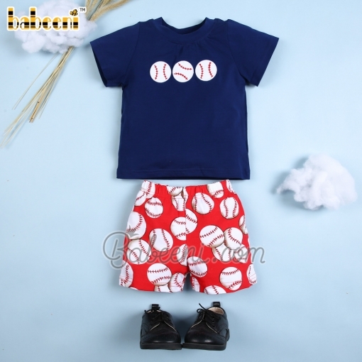 Appliqued baseball boy short set navy and printed - BB1904