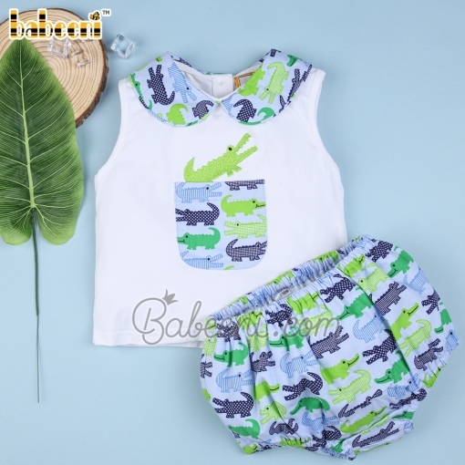 Adorable embroidered crocodile boy set white top printed shorts - BB2284A
