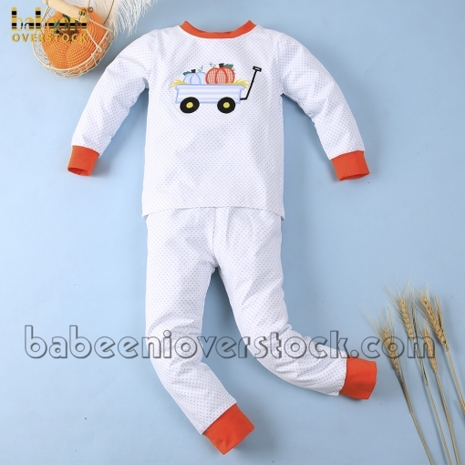 Appliqued pumpkin white with blue dot boy sleepwear set - BB1991