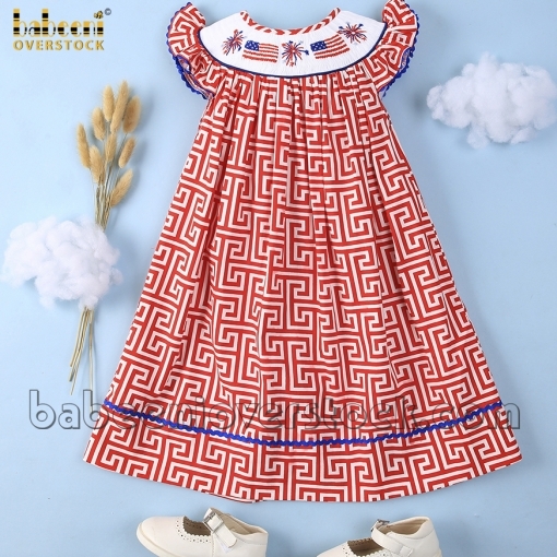 Smocked American flag and firework red greek key dress - BB2012A