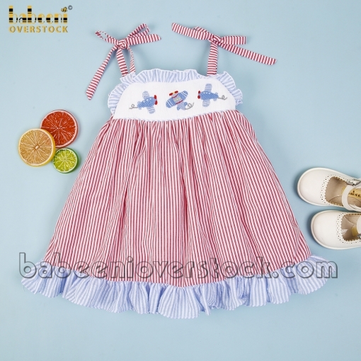 Lovely red striped girl dress with smocked airplane - BB2137