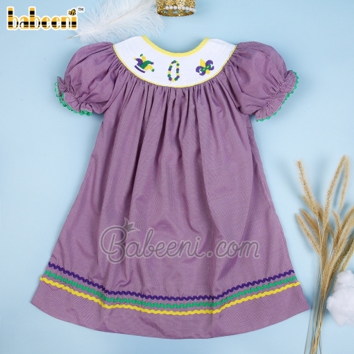 Mardi gras smocked violet gingham baby dress - BB1970