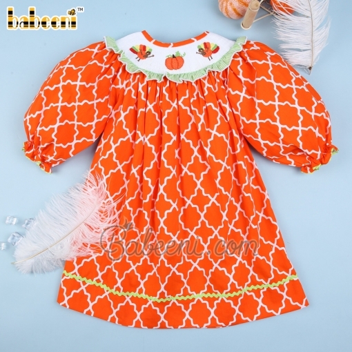 Orange turkey and pumpkin baby smocked dress - BB1914
