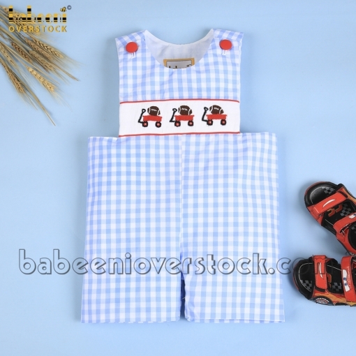 Smocked ball and trolley boy blue check shortall - BB1953