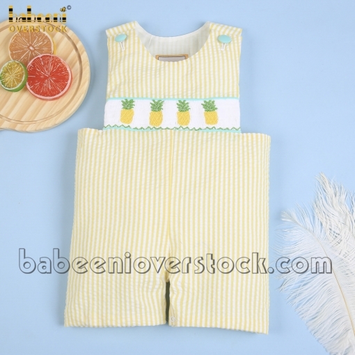 Smocked pineapple boy yellow striped seersucker shortall - BB2141