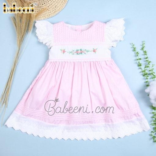 Baby pink pintuck girl dress flowers on chest - BB1856