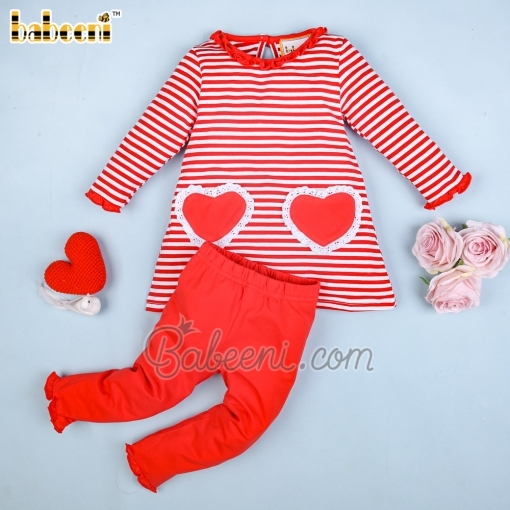 Red heart striped red and white girl long set - BB2034