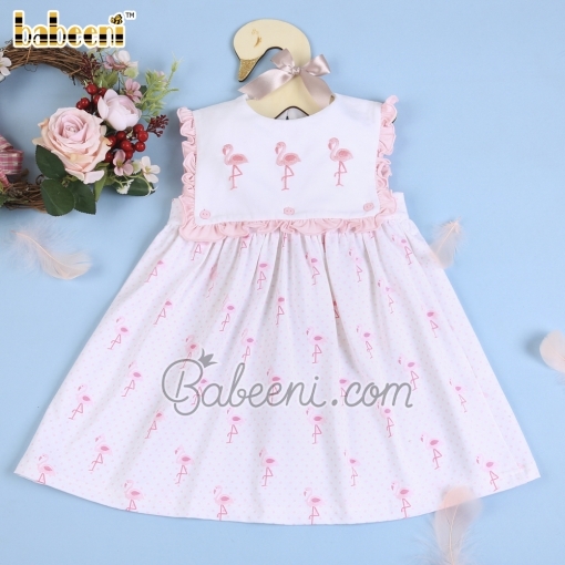 Baby girl embroidery dress flamingo pink button - BB2061