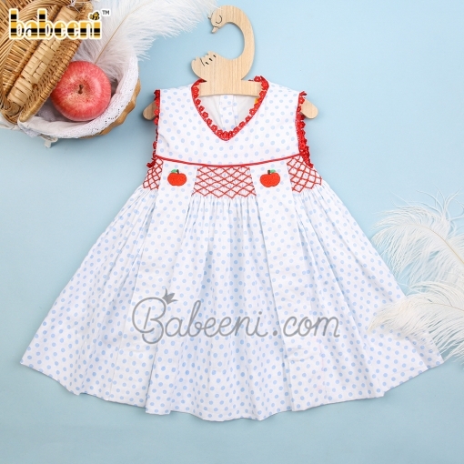 Red apple and geometric embroidery smocked girl dress - BB2148