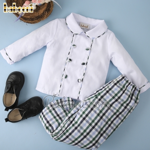 Boy long set 2 lines of buttons white top green plaid pants  - BB2317