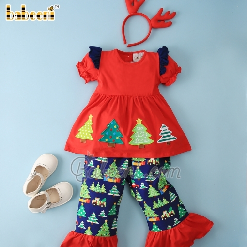 Christmas trees applique girl clothing set - BB2312