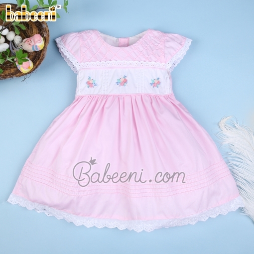 Pink pintuck girl dress embroidered flowers on chest - BB1858