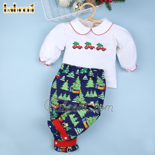 Xmas tree and car embroidery girl set white top print bottom - BB2217