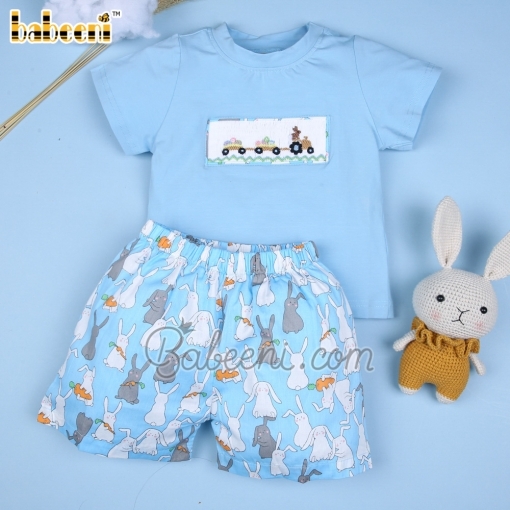 Smocked Easter bunny and eggs blue boy set - BB1814