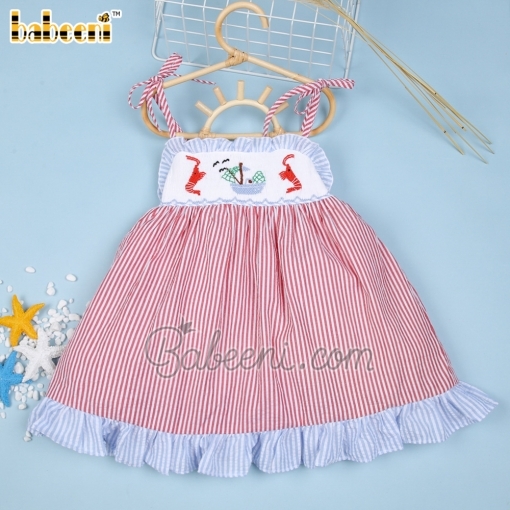 Lovely red striped girl dress with smocked shrimp and boat - BB1784
