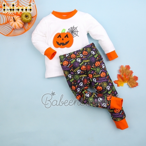 Appliqued pumpkin Halloween colorful printed boy sleepwear set - BB1997