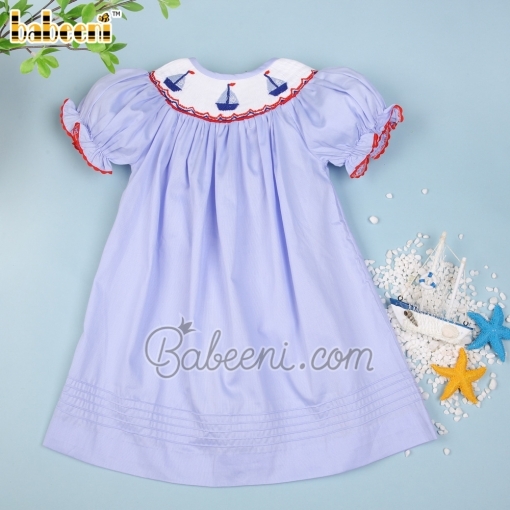 Smocked boat and wave blue pique baby dress - BB1939