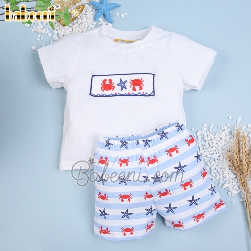 Smock crab and starfish boy short set red and navy - BB2071