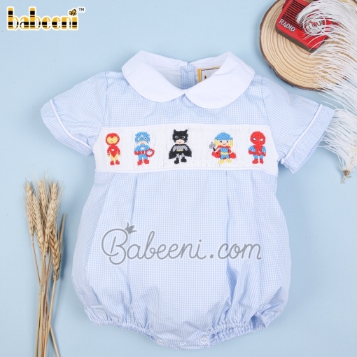 Boy bubble with smocked heroes baby blue ginham - BB2077A