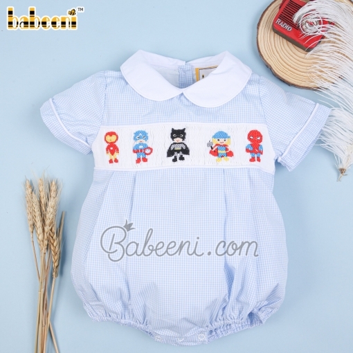 Boy bubble with smocked heroes baby blue ginham - BB2077
