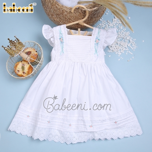 Pure white pintuck girl dress embroidered flower - BB1855