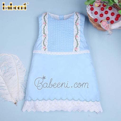Baby blue pintuck girl dress bold white lace - BB1857