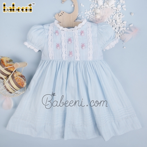 Embroidered rabbit light blue linen girl dress - BB3403