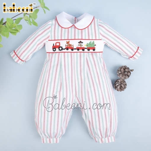 Train carrying Christmas gift smocked boy bubble – BB2854